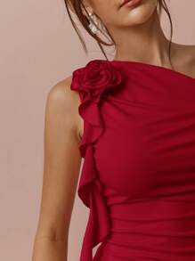 Enchnt Spring/Summer Romantic Women's Asymmetrical Neck Sparkle Rhinestone 3D ROSE Decor Sleeveless Tank Top, Sexy&Chic&Elegant&Fashionable For Party&Date&Holiday&Graduation&Going Out - Burgundy - View 2