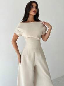 SHEIN PETITE CURVE 大码女装夏季新款优雅休闲亚麻宽松露肩上衣和阔腿裤套装 - 杏色 - 查看 5
