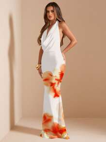 SHEIN BAE Vestido largo con estampado floral, cuello drapeado y ajuste ceñido para mujer, uso casual de verano - Multicolor - Ver 3