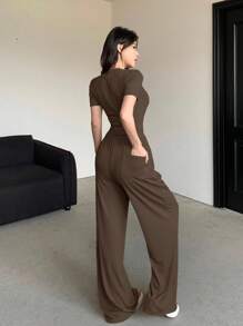 DAZY 2pcs Women Solid Color Short Sleeve T-Shirt And Long Pants Set Lounge Sets For Women - Chocolate Brown - View 4