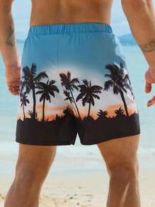 DAZY Men's Summer Solid Color Coconut Tree All-Over Floral Print Beach Shorts, Vacation Style - Multicolor - View 2