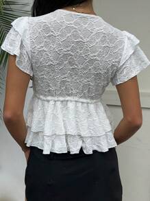 SHEIN EZwear 女士提花设计层叠荷叶边下摆系带泡泡袖上衣，夏季 - 白色 - 查看 2