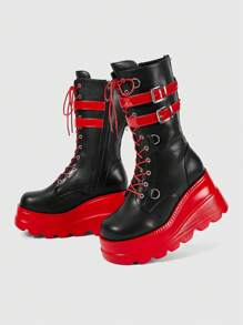 ROMWE 2-Tone Metal Eyelet Multi-Strap Round Toe Chunky Platform Mid-Calf Punk Boots, Red/Black, Daily Punk Rock Street Style - Multicolor - View 10