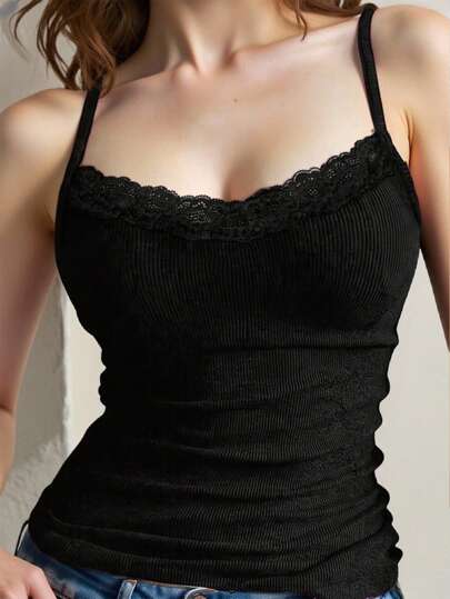 INAWLY Lace Trim Splice Camisole Top For Women