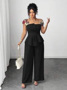 Elenzga Plus Size Women 2pcs Set, Asymmetric Mesh Embroidered Blouse & Wide Leg Pants - Black - View 4