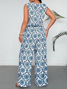 SHEIN Holidaya Bộ đồ liền thân không tay cạp chun in họa tiết, phù hợp cho mùa xuân, mùa hè, ngày lễ - Màu xanh nhạt - Xem 2