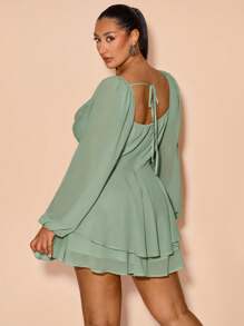 SHEIN BAE Bộ đồ liền thân dài tay dáng rộng, dáng chữ A, xếp ly, màu đen trơn, chất liệu satin, ngọt ngào và gợi cảm, dành cho nữ, mặc hàng ngày/ngày lễ, mặc vào đầu xuân/hè, mặc đi chơi/tiệc tùng, thường ngày/ngày lễ - Màu xanh Bạc hà - Xem 2
