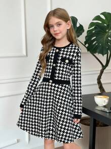SHEIN Vestido informal de manga larga elegante y ajustado para la escuela con cuello redondo, decoración de botones y diseño de patchwork de pata de gallo para niñas preadolescentes, de vuelta a la escuela