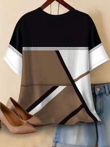 INAWLY Women's Plus Comfort Patchwork Color Block Full Print Short Sleeve T-Shirt