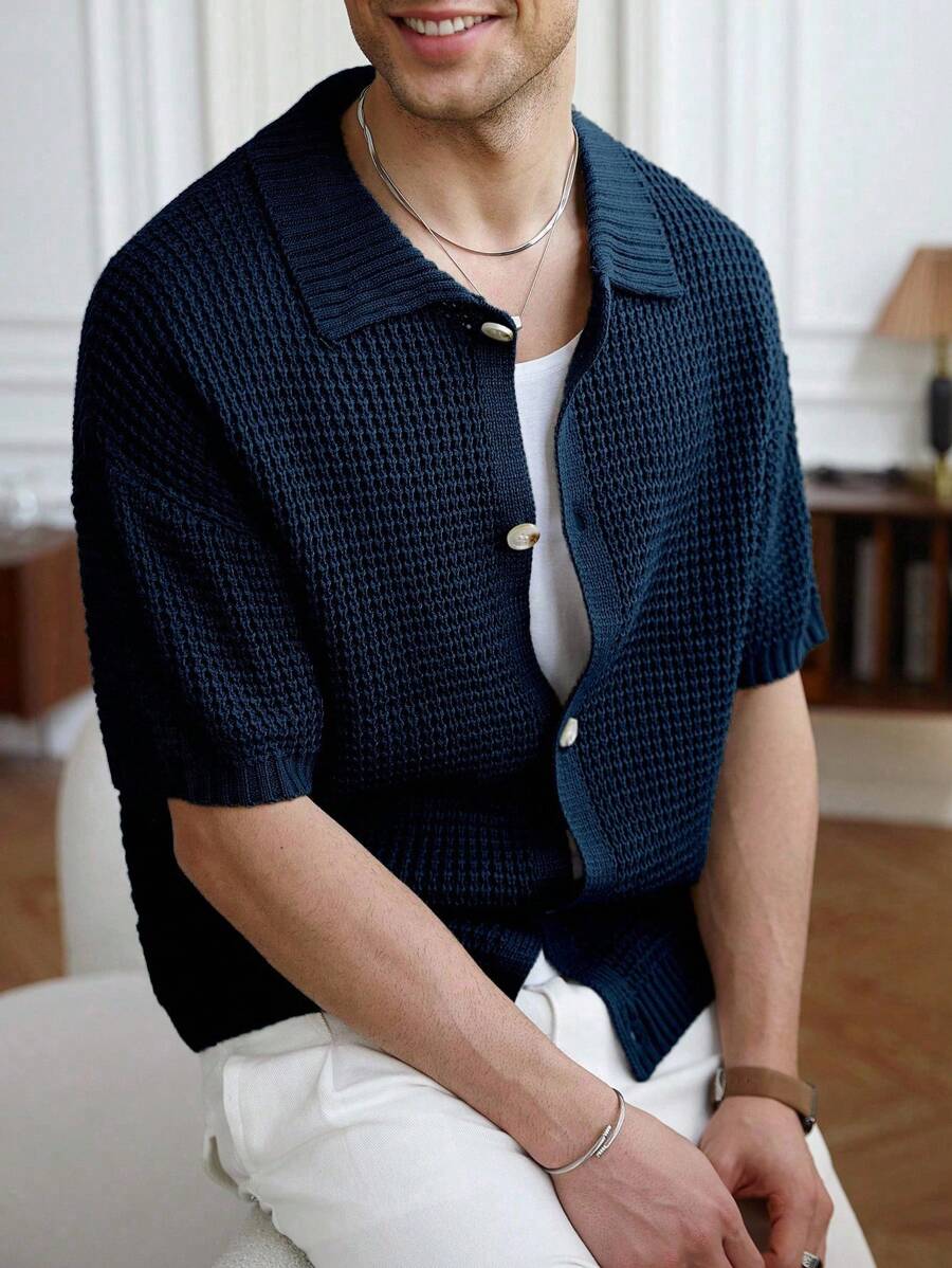 Manfinity CityGents Áo sơ mi dệt kim tay ngắn cài nút phía trước màu trơn cho nam, mùa hè - Màu xanh hải quân - Xem 1