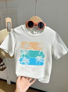 Camiseta de manga corta de punto con cuello redondo y estampado de vacaciones lindo y casual para niños pequeños, adecuada para el trayecto, la escuela, el uso diario casual, las vacaciones, los deportes, la primavera, el verano, el otoño y el invierno