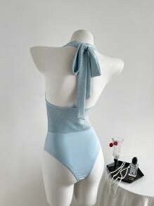 Franclia Women's Mint Green Elegant Draped Neck Backless Bodysuit, Suitable For Summer Vacation - Blue - View 2