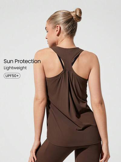 Sun Smart Sheer UV Sun Protective Low Round Neck Loose Fit Sleeveless Active Tank Low Impact Yoga Pilates Barre Studio Daily Casual Wear