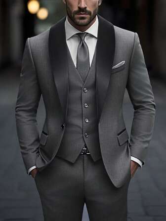 Manfinity Mode Set da 2 pezzi giacca e pantaloni con collo a scialle e blocchi di colore, completo grigio da uomo per matrimoni, abiti eleganti da uomo, stile "Old Money"