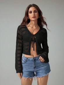 SHEIN Tall Women Solid Color V-Neck Lace-Up Hollow Out Casual Long Sleeve Knitted Sweater - Black - View 5