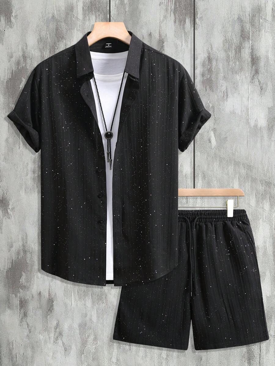 OTTIMOZO 2 piezas Conjunto de camisa de manga corta casual de verano y pantalones cortos para hombres, camisa con rhinestones, ropa de resort para hombres, conjunto de vacaciones negro, vestimenta de verano para hombres, camisa negra casual de manga corta para hombres