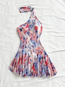 Soleia Vestido mini para vacaciones sexy con diseño asimétrico, cintura ceñida, estampado floral efecto tie-dye, espalda descubierta para mujer, estilo campestre romántico