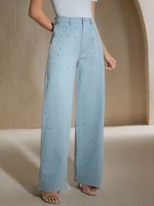 Anewsta Rhinestone-Embellished Straight-Leg Pink Jeans For Women - Blue - View 4