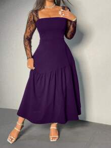 Viva Relle Plus Size Lace Sleeve A-Line Solid Color Jumpsuit Dress Fall Cloth For Women - Purple - View 4