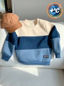Sudadera térmica gruesa de cuello redondo de manga larga con bloques de color, cómoda y versátil para niños pequeños