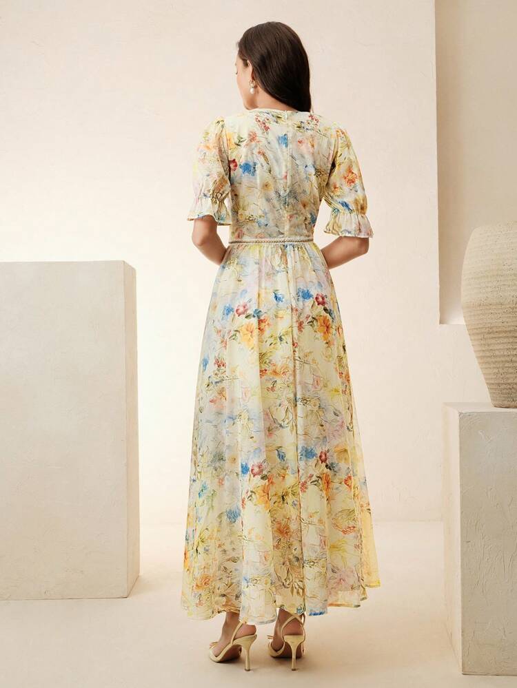 New V-Neck Lace Patchwork Vintage Print French Style Waist Slimming Mini Dress For Women, Vacation