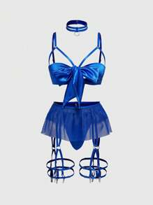 ROMWE Goth Conjunto de lencería sexy que incluye sujetador con aros, tanga y minifalda con lazo