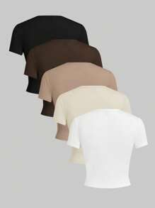 SHEIN EZwear paquete de 5 camisetas de manga corta ajustadas de color liso básico - Marrón - Ver 2