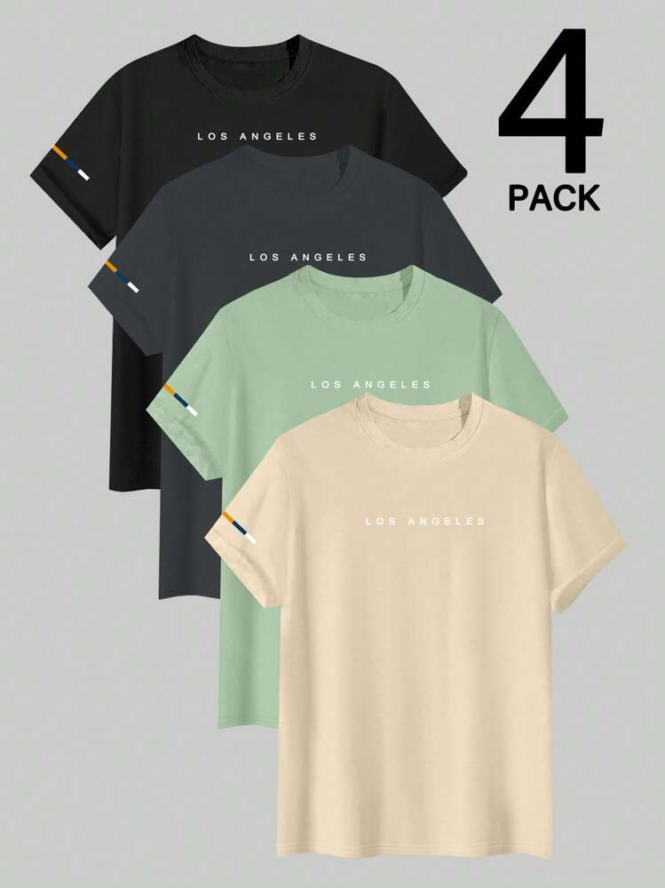 تي شيرت قصير الأكمام بطاقم رقبة للرجال، بطباعة أحر...