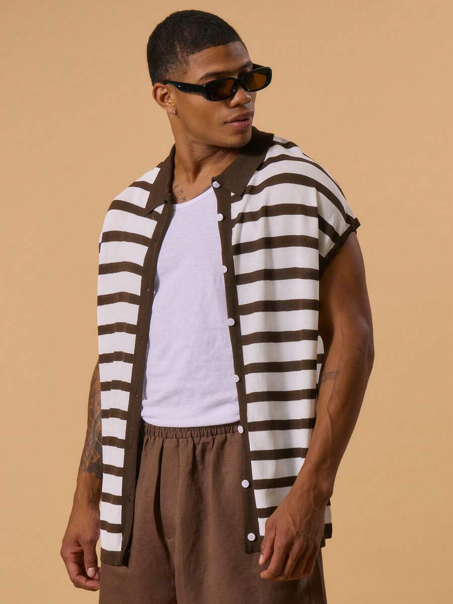Musero Jersey Stripe Button Up Short Sleeve Shirt Embroidery Detailing Spring Summer Vacation Holiday - Multicolor - View 1