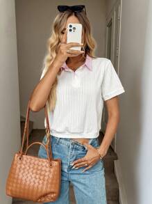 Easowa Women White And Pink Color Block Splice Polo Collar Short Sleeve T-Shirt,Textured Jacquard Fabric,Casual Summer School Back-To-School Old Money Style - Apricot - View 1