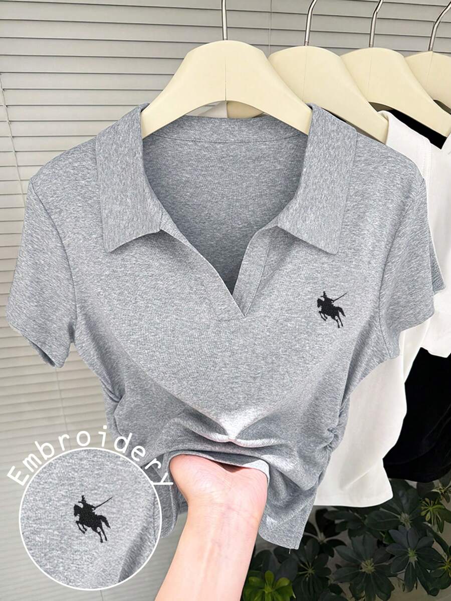 SHEIN Women's Embroidered Solid Color Casual Polo Collar Short Sleeve T-Shirt For Summer - Grey - View 1