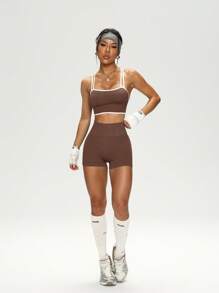 Slayform Slayform Seamless Stretchy Sexy Yoga Fitness Set: Sports Bra & Shorts Workout Women Set Yoga Set - Coffee Brown - View 5
