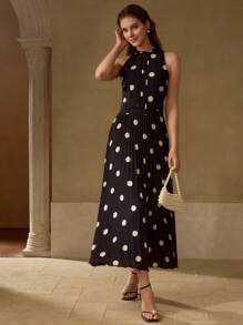 MOTF PREMIUM POLKA DOT PRINT PLEATED LONG DRESS - Black - View 7