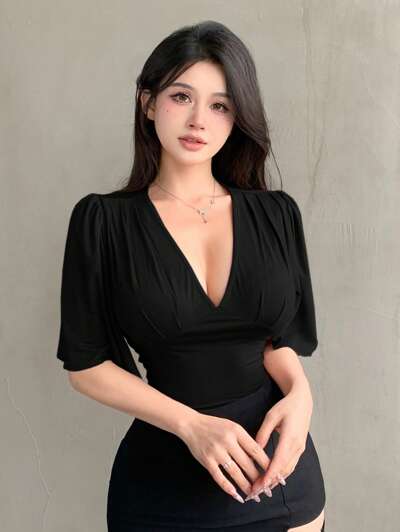 Sexy tailliertes Sommer Tiefer V-Ausschnitt Rüschen Patchwork Elegantes Kurzarm Damen T-Shirt