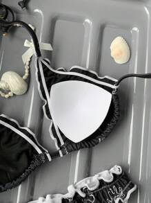 Comfortcana Women's Summer Beach Wear Shell Print Halter Bikini Set, Suitable For Holiday Wear - Black - View 7