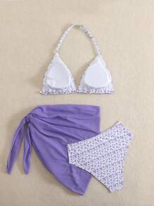 SHEIN Leap Crew 少女 3 件套度假紫色和白色碎花泳衣套装：泳衣、系腰比基尼上衣和裙子 - 紫色 - 查看 2