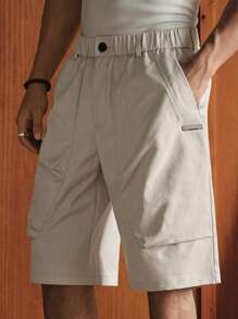 SWAVVY Men's Casual Loose Fit Solid Color Woven Shorts, Everyday Young Fashion - Beige - View 3