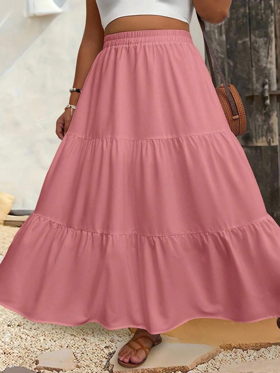 EMERY ROSE 大码休闲纯色半身裙长裙 - 淺粉色 - 查看 1