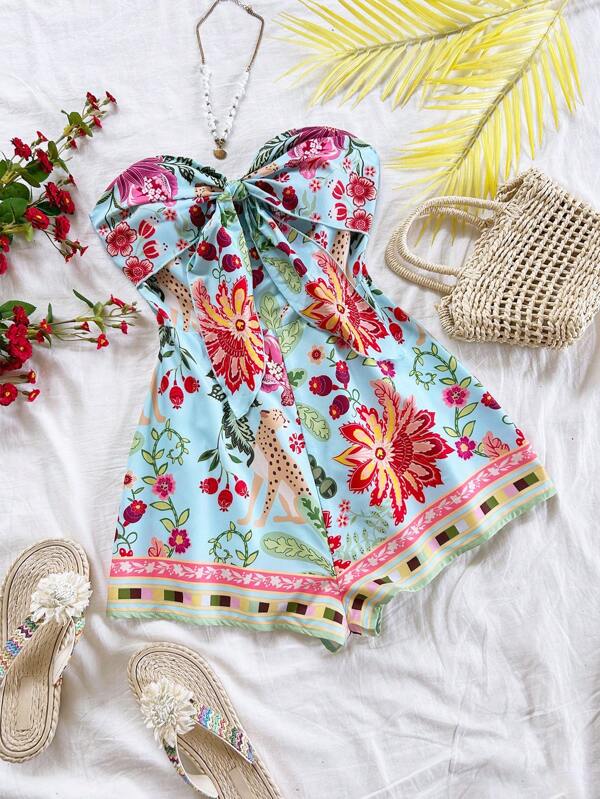 Dreamara Casual Vacation Western Beach Wedding Guest Attire Graduation Brunch Women Dress St. Patrick's Day Spring Break Easter Music Festival Elegant Boho Tropical Leopard Fruit Print Bandeau Bowknot Romper, Spring/Summer