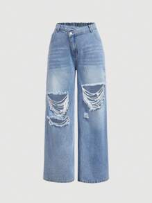 SHEIN CURVE+ Quần Jeans Denim Ống Thẳng Xanh Dương Cỡ Lớn Thường Ngày, Cong Cỡ Lớn, Kỳ Nghỉ Hoho - Rửa nhẹ - Xem 6