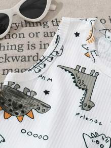 4 piezas Conjunto informal de verano con estampado de dinosaurio pintado a mano en camisetas de tirantes para niños