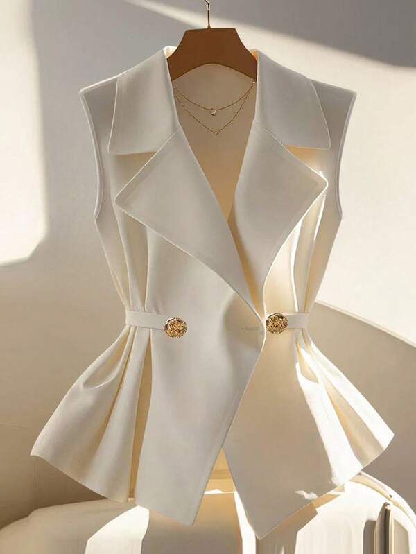 SHEIN Clasi Solid Color Pleated Metal Button Sleeveless Blouse For Women, Business/Office Attire