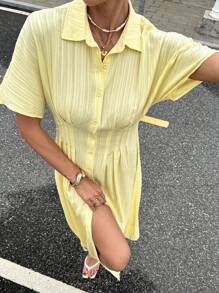 Siren Gaze Butter Yellow Summer Elegant Tea Party Dress For Women,Business Casual Button Front Shirt Dress,Lemon Mid-Length Vacation Birthday Midi Dress - Light Yellow - View 6