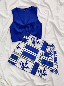 Travachic 2 pièces ensemble femme Top court sans manches en tissu tissé unicolore et mini-jupe imprimée en tissu tissé à taille haute