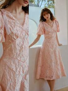MOTF PREMIUM V-NECK JACQUARD KNOT MIDI DRESS - Pink - View 1