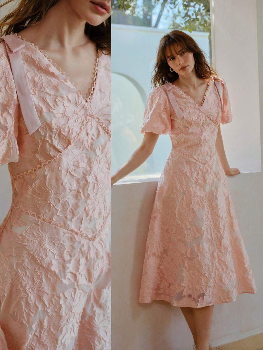MOTF PREMIUM V-NECK JACQUARD KNOT MIDI DRESS - Pink - View 1
