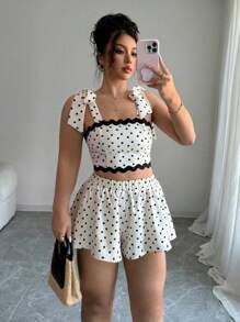 INAWLY Ensemble 2 pièces nouvelle collection été, Top court à volants à imprimé pois élégant à nœud papillon, plus pantalon ample à taille élastique pour femmes grande taille