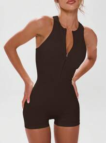 Musera Sport Round Neck Cut Out Back Zip Seamless Unitard Active Workout Gym Fitness Winter - Coffee Brown - View 4