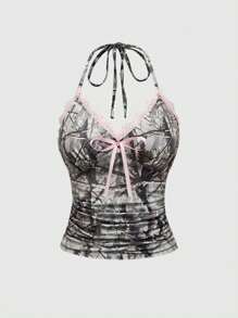 ROMWE Y2K Style Women's Camo & Contrast Lace Halter Neck Tank Top - Multicolor - View 1