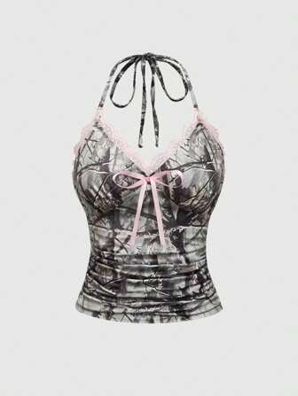 Y2K Style Women's Camo & Contrast Lace Halter Neck Tank Top